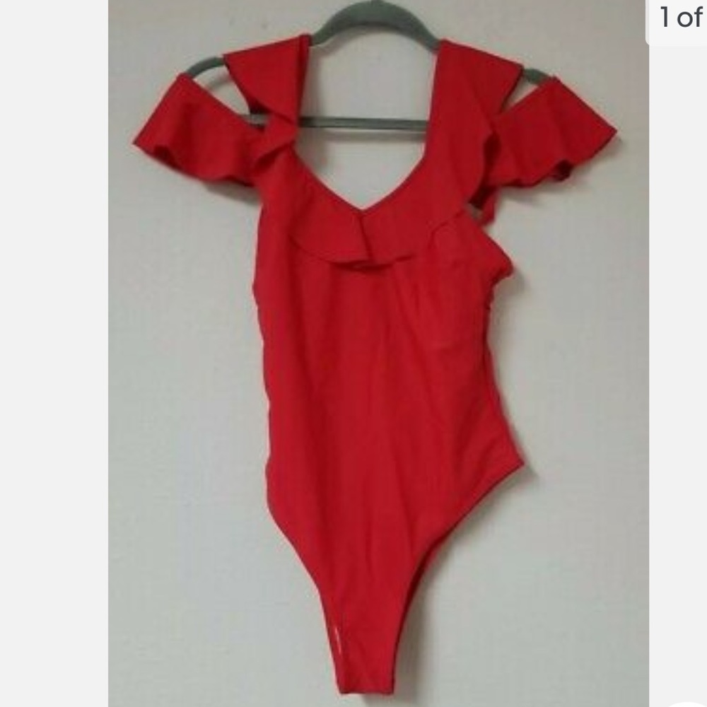 V-Neck Ruffled Low Back One-Piece Swimsuit Bathing Suit- Red - Women's M